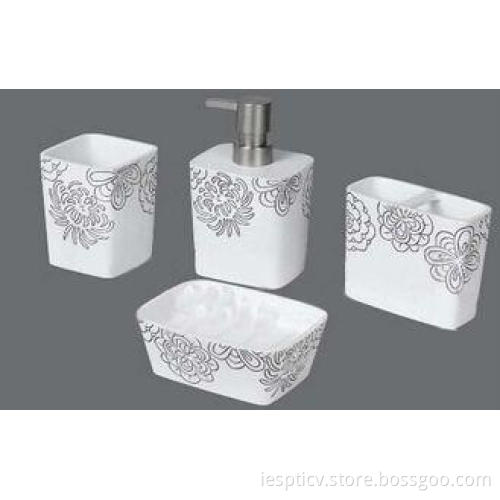 White Elegant 4 Piece Plastic Bathroom Set with Flower Patt